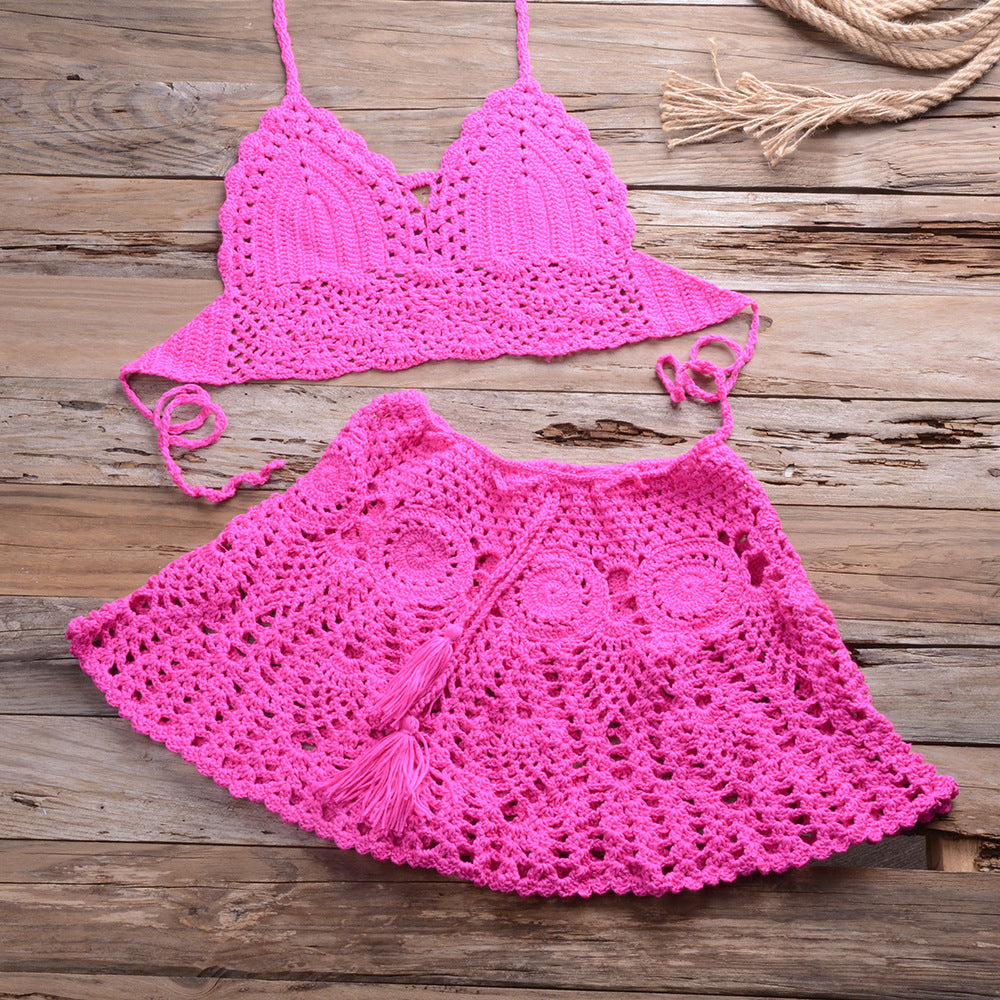 Hand Crocheting Bikini Wrapped Chest with Sexy All-Matching Hollow Out Cutout Pleated Skirt Split Swimsuit Bella Mia